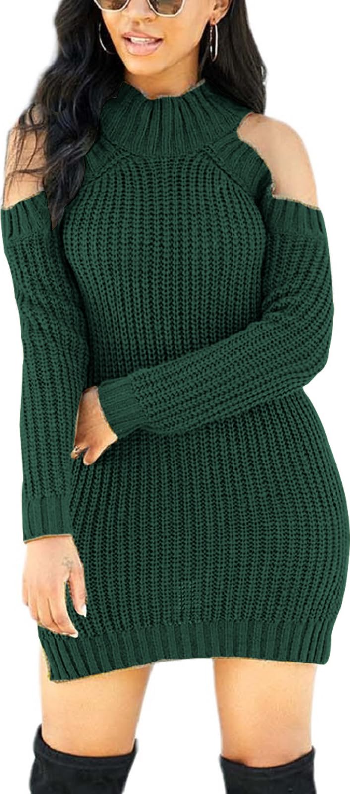 SxClub Women's Winter Sweater Dresses Sexy Cold Shoulder Pullover Dress