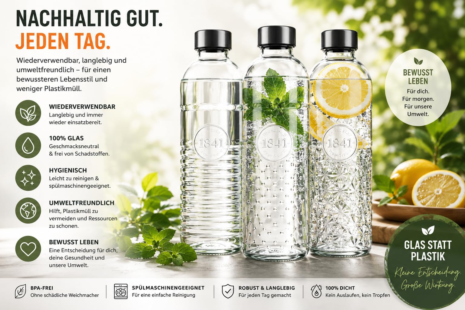 Glas Wasserflasche 1L - Luftdichte Trinkflasche mit Schraubverschluss - Vintage Design für Wasser & Saft - Kühlschrankgeeignet - (3er Set)