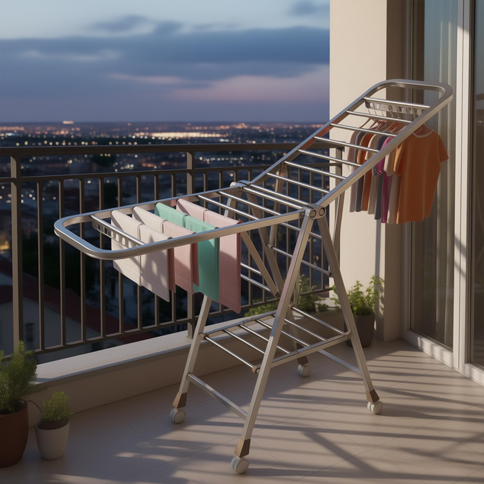 Wäscheständer Aluminium Klappbar, Höhenverstellbarer Wäscheständer mit Windschutz Streifen & Schuhablage, Faltbarer Wäschetrockner für Badezimmer, Balkon & Garten Innen Außenbereich (1,7 Meter)