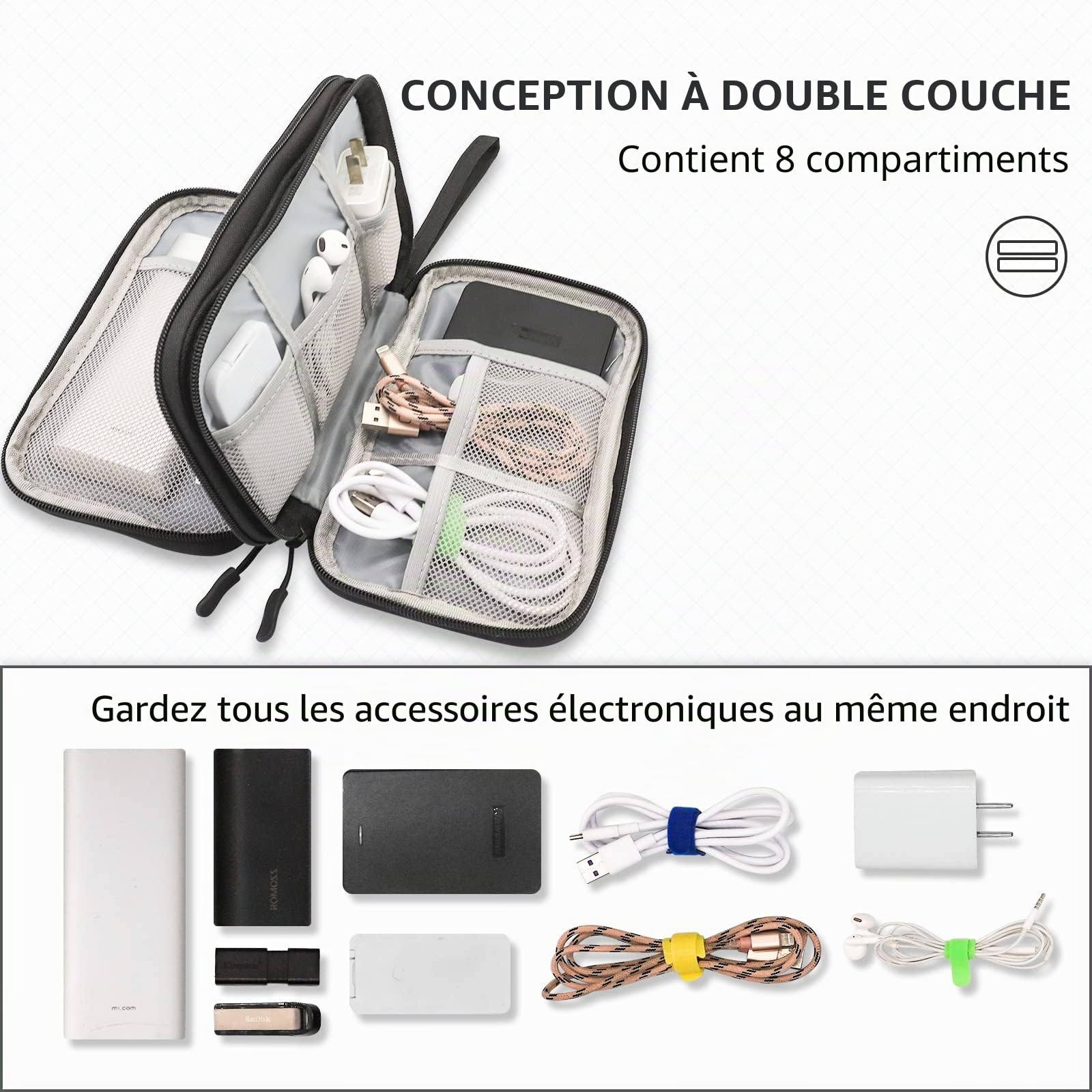 Teskyer Sac de Rangement Câble Étanche Antichoc 2 Couche Noir