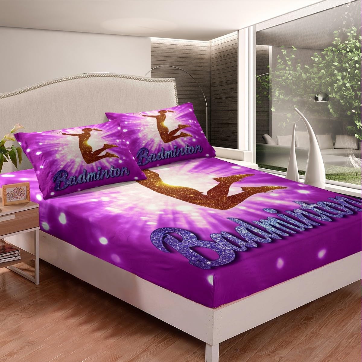 jejeloiu Badminton Fitted Sheet Twin Size Kids Sports Game Bedding Set for Boys Girls Teens Clear Purple Bed Sheet Set