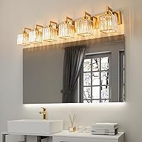 Vista 2 de Moderna lámpara de cristal para tocador/pared de baño, de 6 luces, con acabado de latón cepillado color dorado