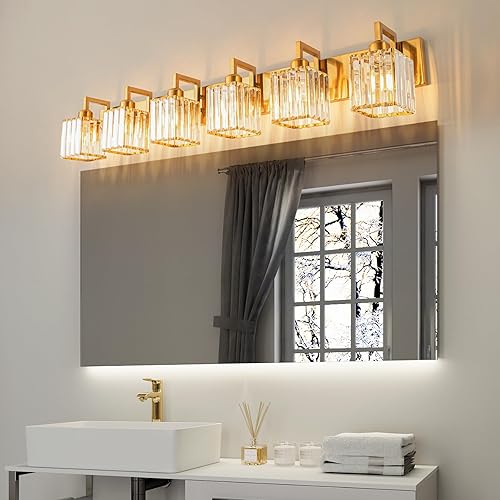 Miniatura 2 de Moderna lámpara de cristal para tocadorpared de baño, de 6 luces, con acabado de latón cepillado color dorado