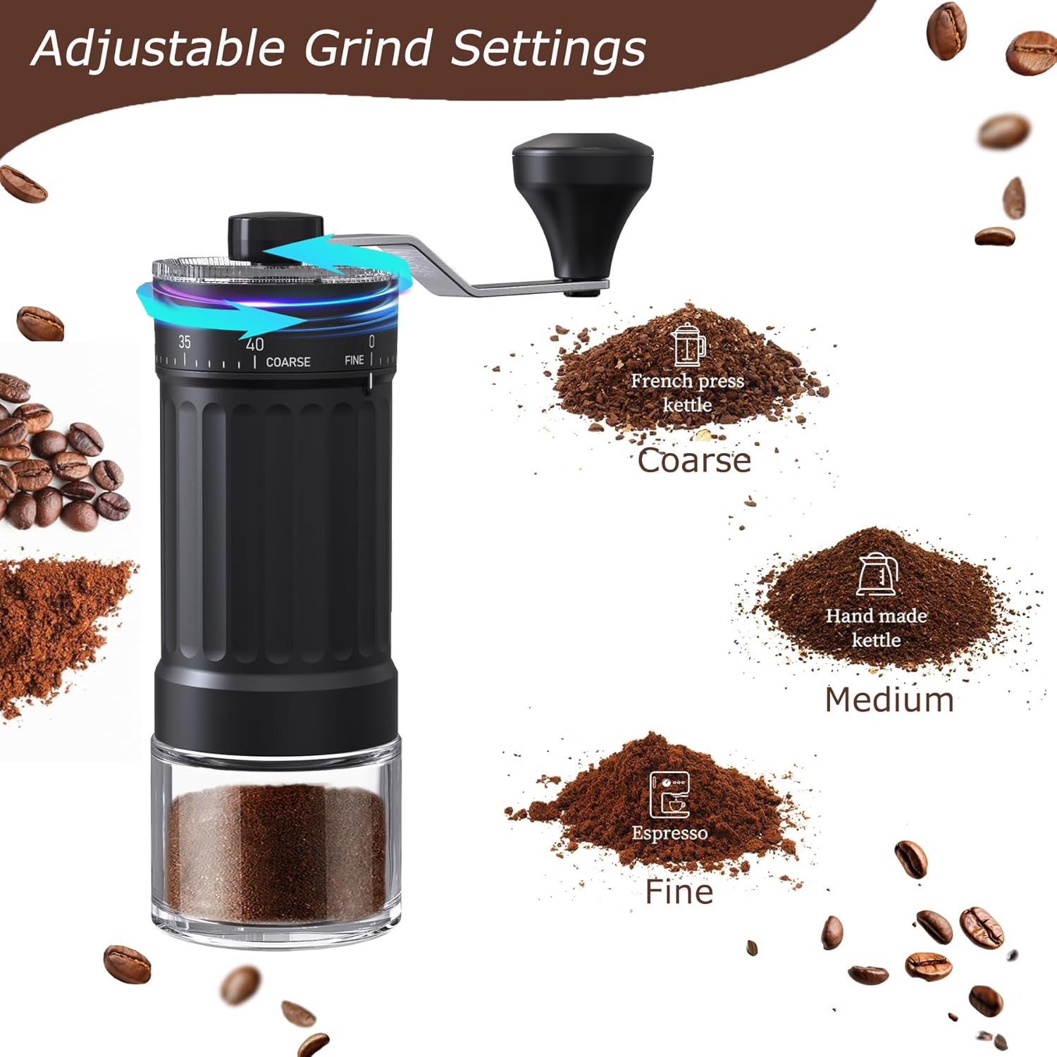 Manual Coffee Grinder with Ceramic Burrs for Espresso, French Press Coffee, 40 Externally Adjustable Settings, Portable Extended Handle for Home use and Camping Trips, Hand Crank Coffee Bean Grinder