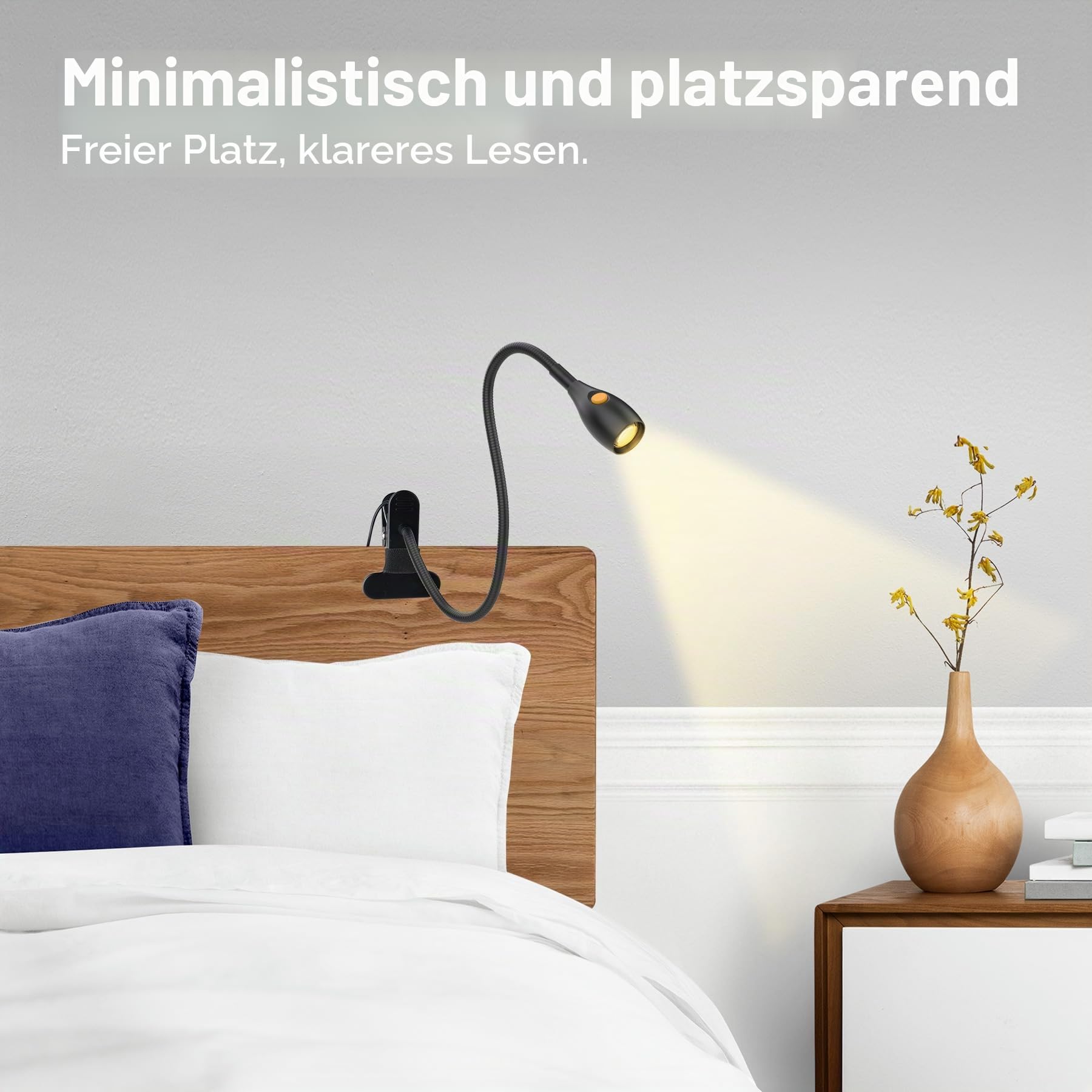 acegoo Minimalistisches Leselicht für Clip-on-Lampe, Bettkopfteil, dimmbares Buchlicht, 3000 K/Bernsteinfarbenes Licht mit USB-C-Adapter, flexibler Schwanenhals & praktischer Lampenkopfschalter, CRI