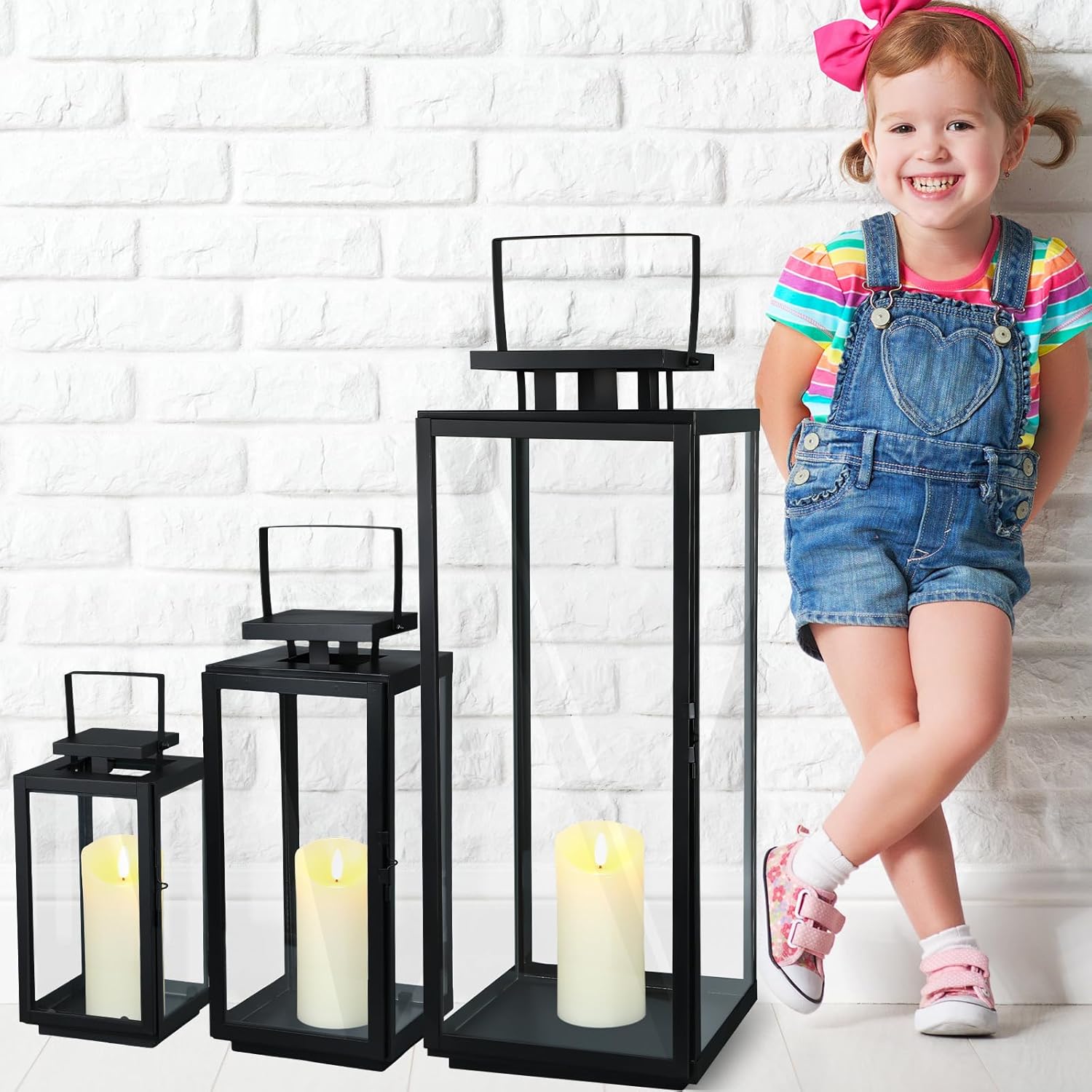 Mifoci Jumbo Black Metal Decorative Lanterns with Clear Glass Panel Hurricane Candle Lantern for Home Decor Party Event Tabletop Front Porch Wall Hanging Indoor Outdoor(3 Pcs,25'' 16'' 10'') 25'' 16'' 10'' 3