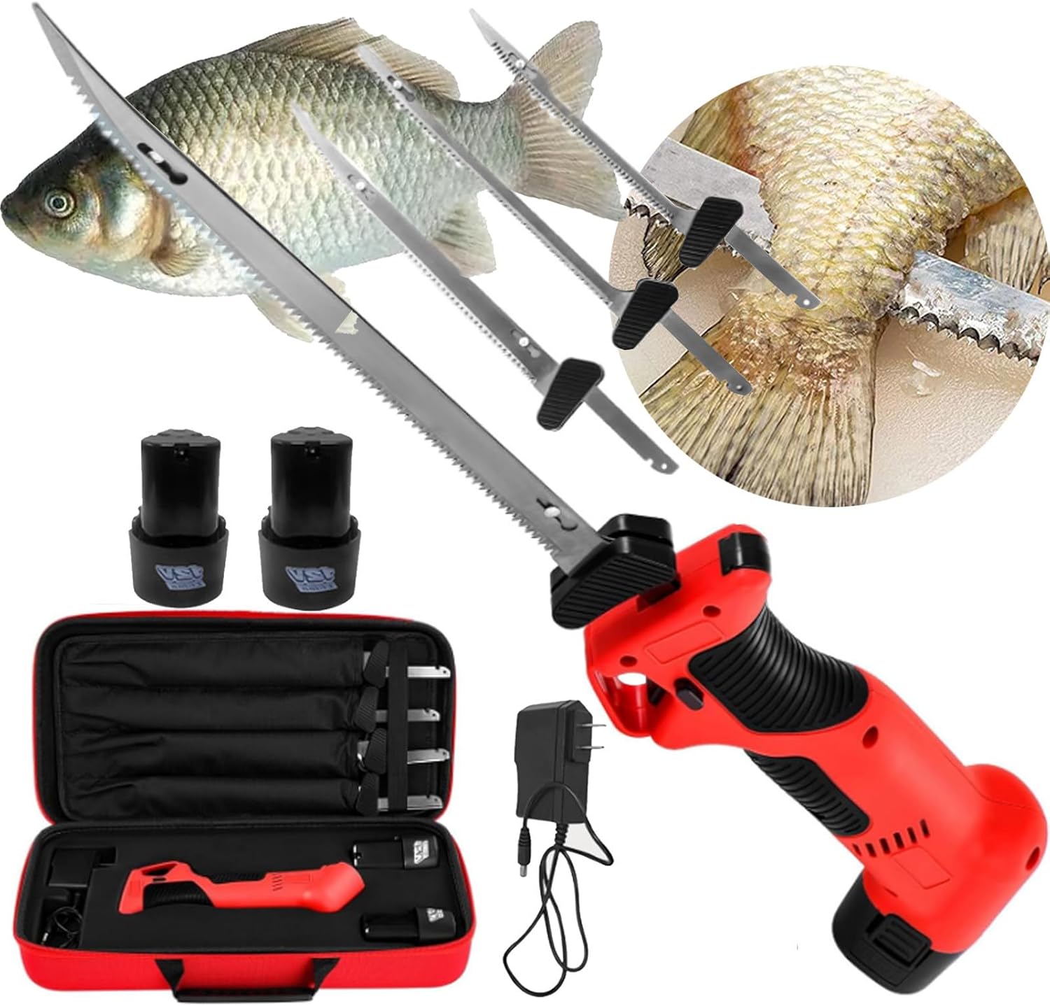 Cordless Electric Fillet Knife W/ 4 Coated Non-Stick Blades & 2 Liion Batteries/Safe Lock/Non-Slip Grip Handle/Handbag, Rechargeable Electric Fishing Knife Outdoor Edge Knife For Fishing ,Red