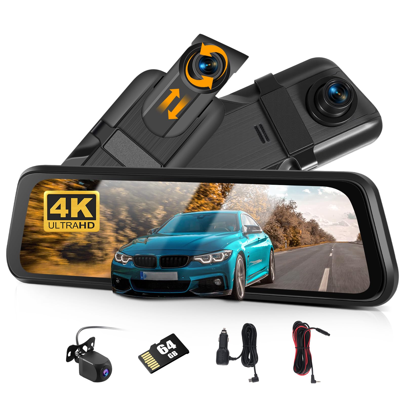 CAMECHO 9.66'' 4K Pantalla Táctil Dashcam Retrovisor Coche, Dash Doble CAM Frente y Trasero, Cámara Retrovisor para Coche con visión Nocturna,grabación en Bucle, Sensor G, GPS, ADAS, BSD