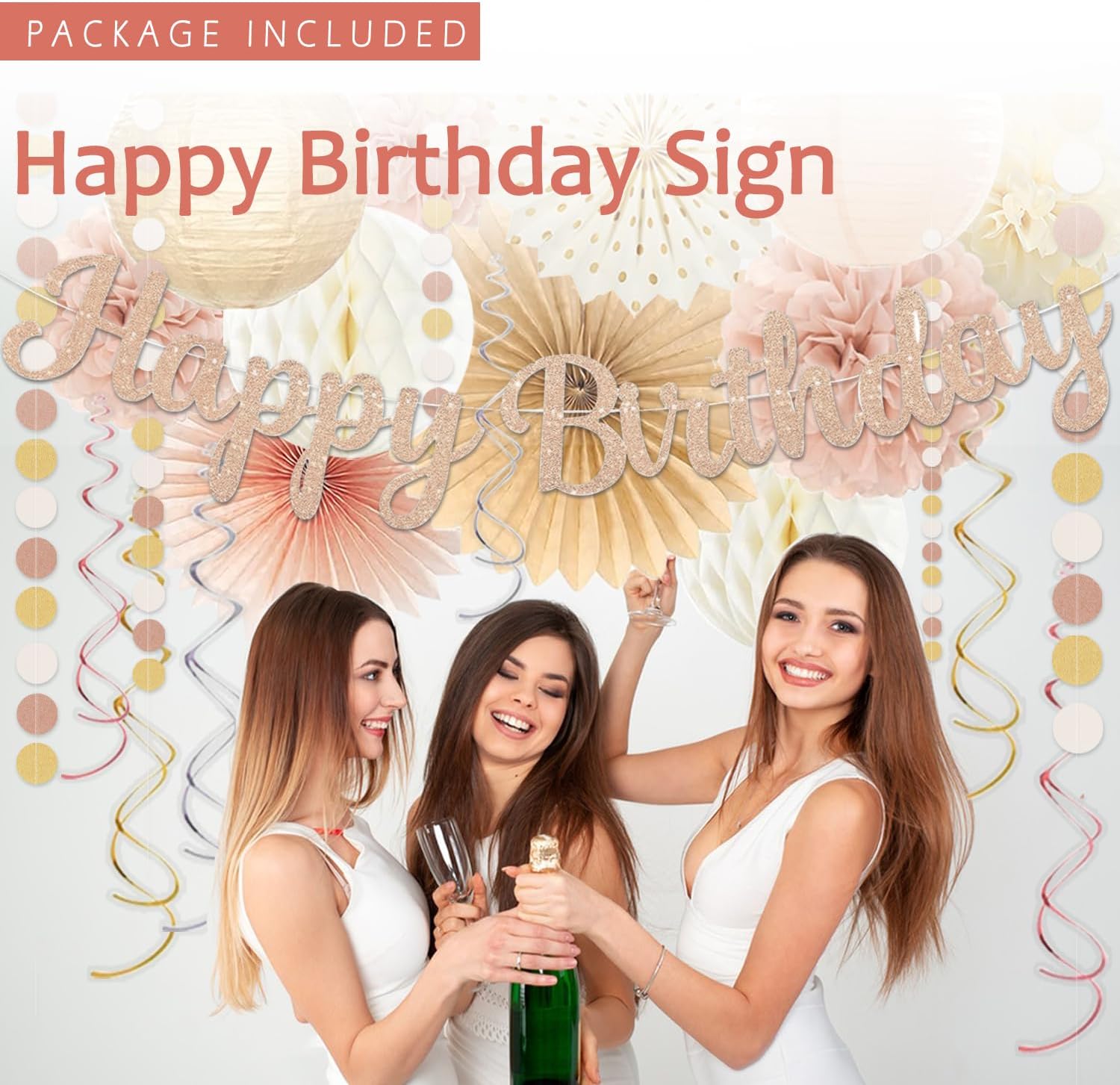 Champagne-Gold Beige Birthday Decorations for Women Girls,Cream Neutral Balloons Décor,Happy Banner,Boho Peach Paper Lanterns Tissue Pom Poms Fan,Anniversary Princess Backdrop Party Supplies - Image 2