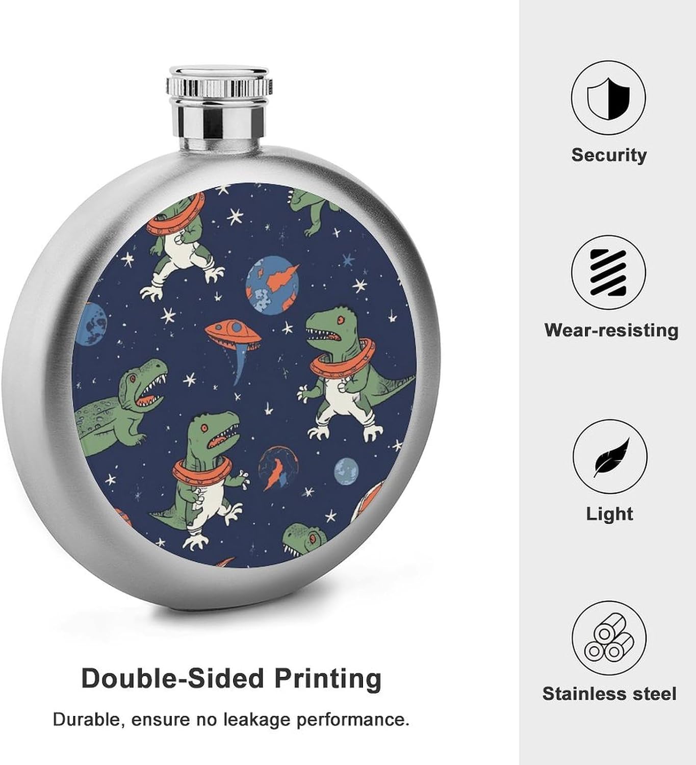 Astronaut Dinosaur Hip Flask Stainless Steel Round Liquor Flask 5 Oz Portable Pocket Drinking Flasks Bottle Leak Proof Liquid Container Personalized Gift for Wedding Party