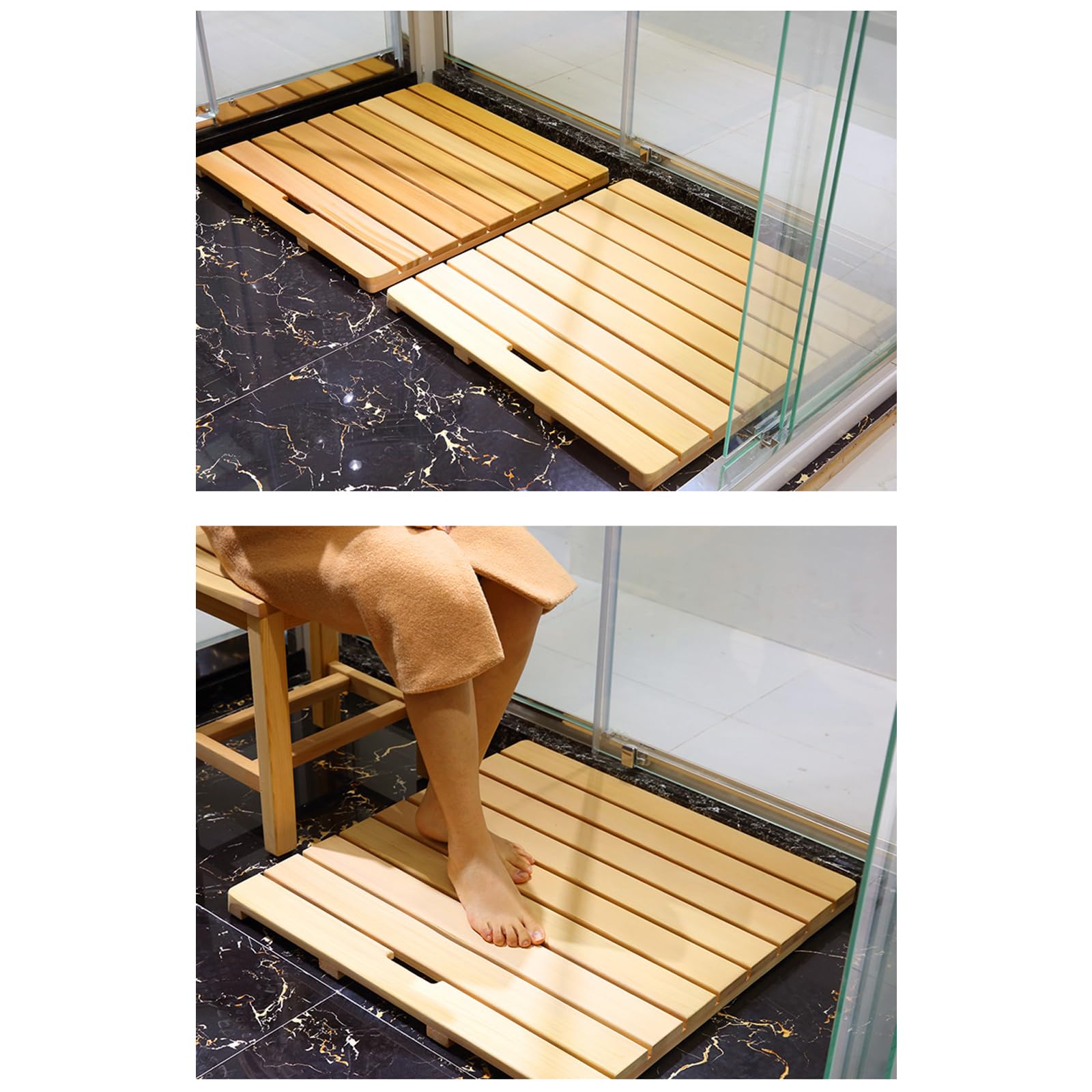 Alfombrilla de Baño de Bambú Antideslizante para Cuarto de Ducha Personalizada,Alfombra de Baño de Madera Rectangular,Tarima de Ducha Impermeable,con Asas y Pies Antideslizantes (45x45cm/18x18in)