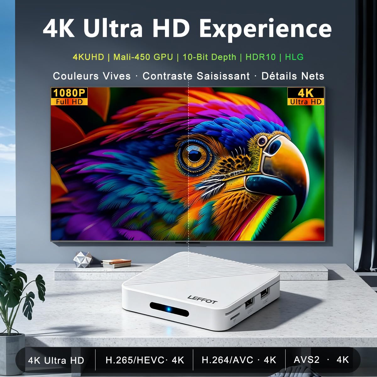 Android 14.0 TV Box 2026, 2Go RAM + 16Go ROM, LEFFOT H313 4K Ultra HD Boitier IP-TV pour Streaming, Support 2.4/5G WiFi 6, 100M Ethernet, Contrôle Vocal, BT 5.4, USB 3.0, HDR10, RK3518 Quad-Core A53