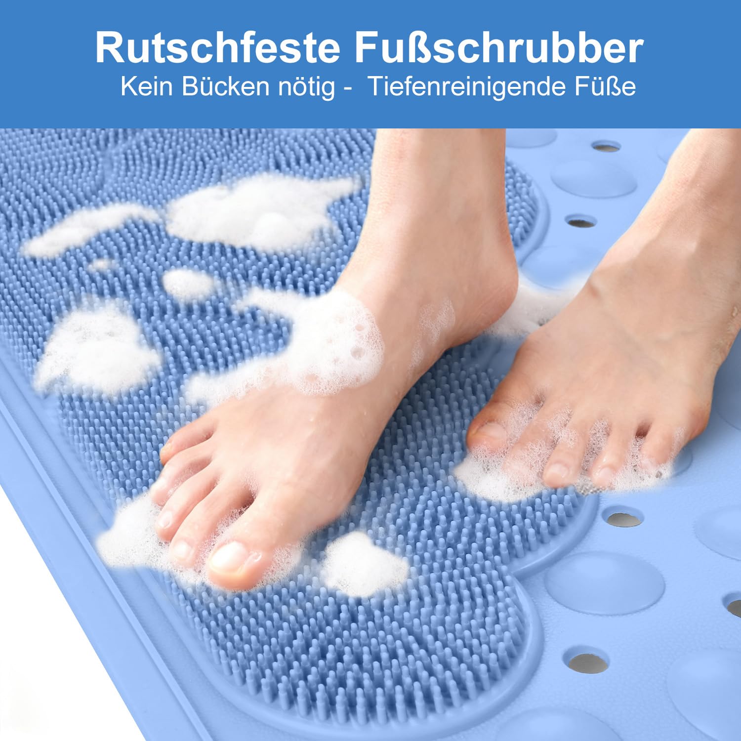 Tapis de douche antidérapant 106 x 66 cm – Extra long – Tapis de douche antidérapant confortable avec ventouses – Tapis de douche antidérapant en TPE – Lavable en machine (bleu, 106 x 66 cm)