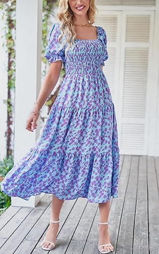 Miniatura 7 de PRETTYGARDEN Vestidos de verano con estampado floral bohemio para mujer, cuello cuadrado, manga abombada, acampanado, vestido largo casual fruncido