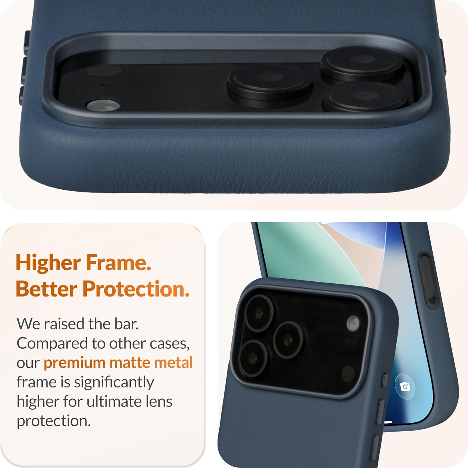 LONLI Classic | Gold-Rated Leather - European Genuine Vele Leather Case for iPhone 17 Pro Max - [Built-in Camera Control and Compatible with Magsafe] - Azzurro Blue - Image 4