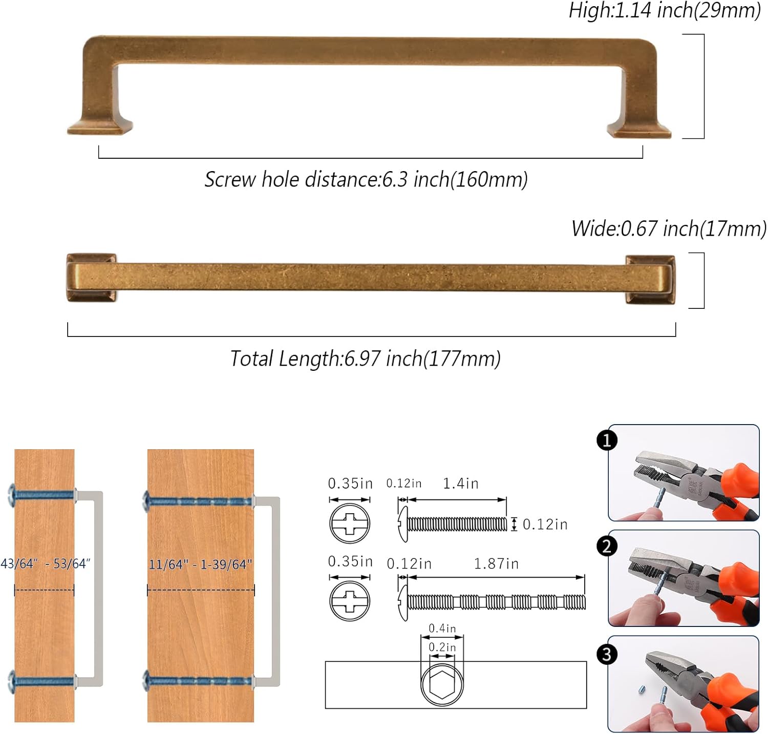 10 Pack 6.3 Inch(160mm) Cabinet Pull Antique Brass Kitchen Cabinets Handles Vintage Cabinet Hardware for Cupboard Retro Kitchen Pulls for Cabinets Square Drawer Handles