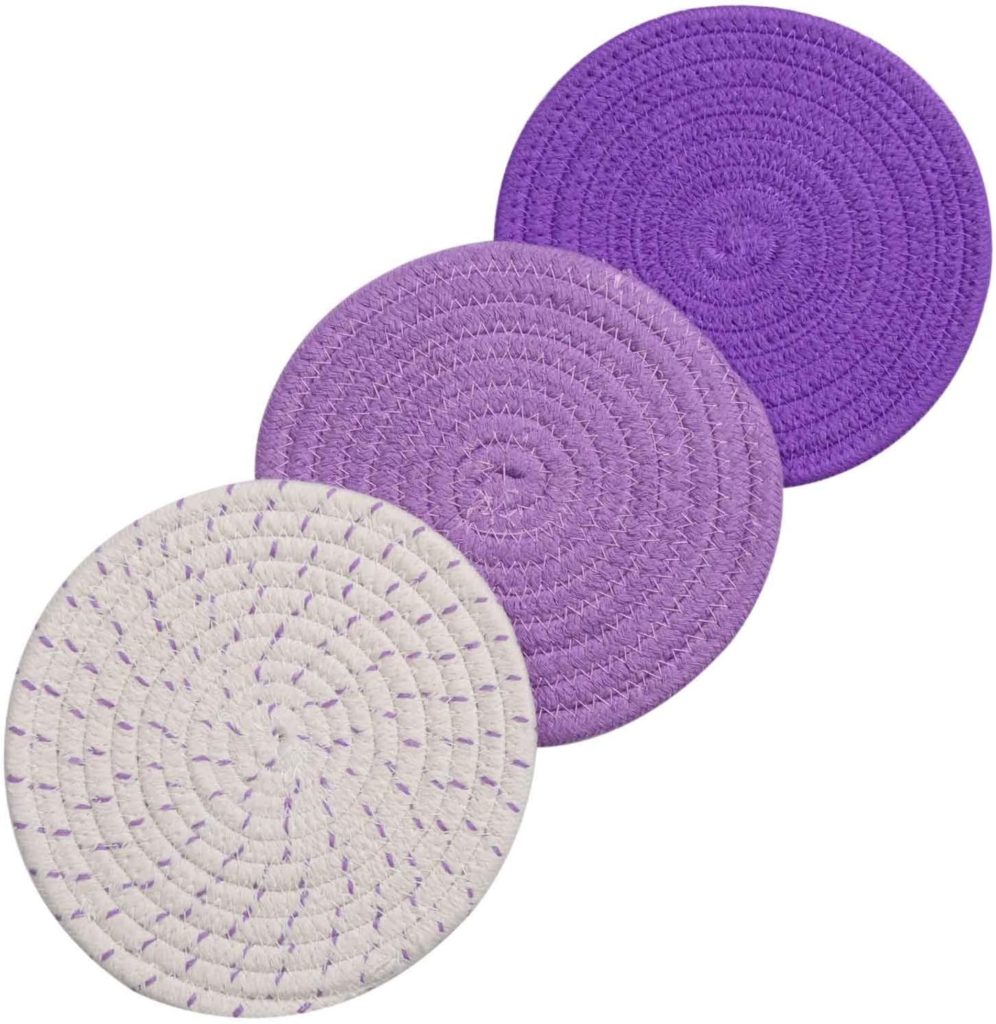 100% Cotton Thread Weave Pot Holders, Hot Pads, Pot Holders, Spoon Rest, Jar Opener & Coasters, for Cooking and Baking, Diameter 7 Inches, Round, Set of 3, Purple Set