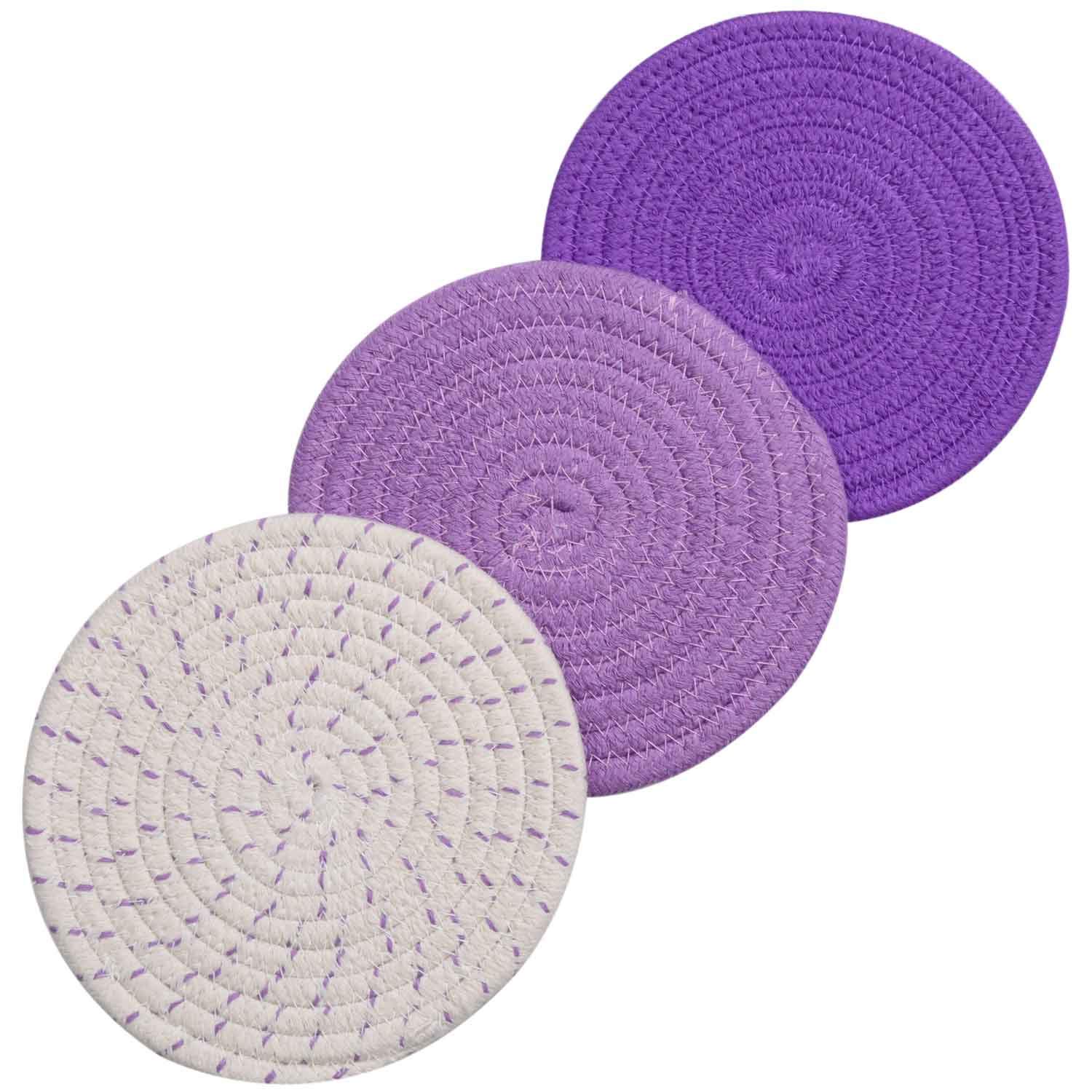 100% Cotton Thread Weave Pot Holders, Hot Pads, Pot Holders, Spoon Rest, Jar Opener & Coasters, for Cooking and Baking, Diameter 7 Inches, Round, Set of 3, Purple Set