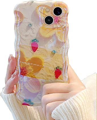 ZCDAYE Case for iPhone 146.1 inch, Retro Oil Painting Blooming Flower Printed,Colorful Glossy Edge Curly Wave Frame Slim Soft TPU Shockproof Exquiste Cover for Women Girl, Yellow