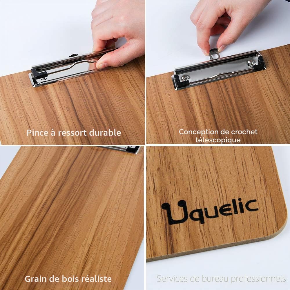 Uquelic Lot de 4 porte-bloc-notes A4 élégants en grain de bois - Coins arrondis - Avec clip robuste et trou de suspension