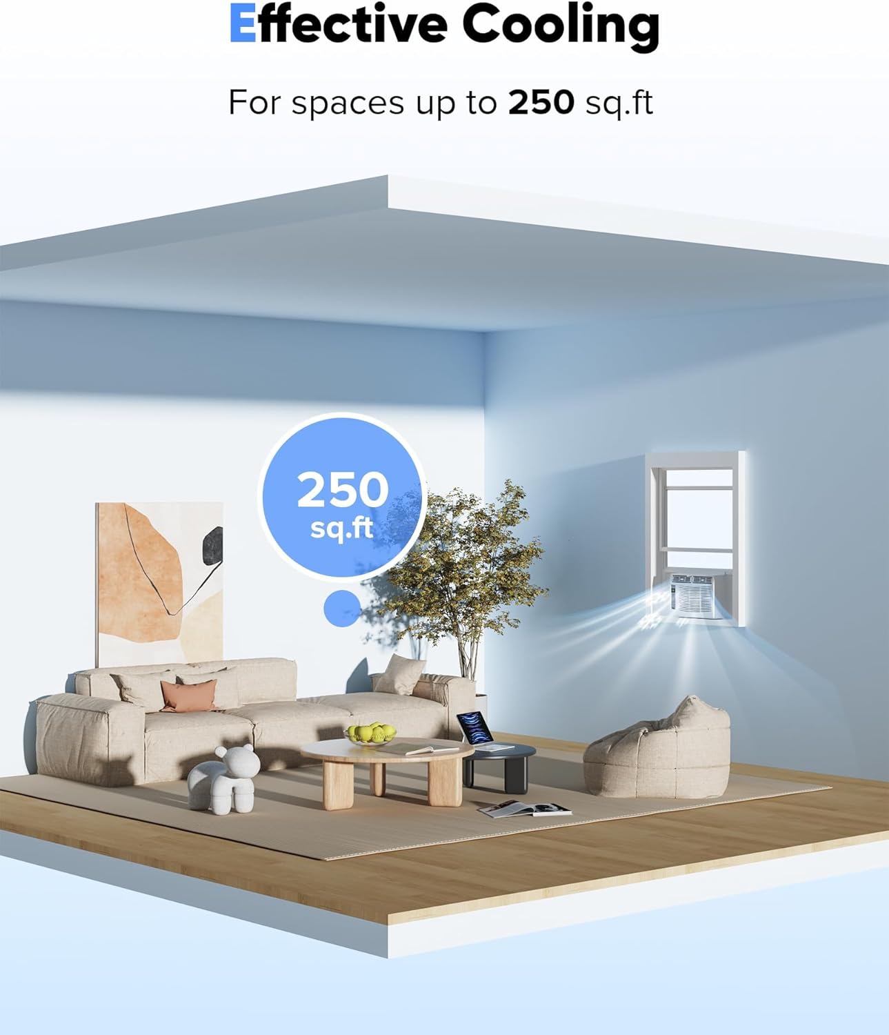 Illustration of a room being cooled by the MERXENG AC unit, indicating effective cooling for up to 250 sq. ft.