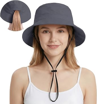 Bucket Hats for Women Ponytail UV Protection Sun Hat Packable Waterproof Quick Dry Hat for Travel Hiking Fishing