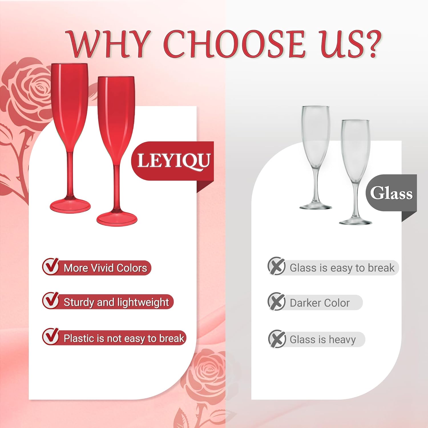 Champagne Flutes, Plastic Champagne Glasses for Wedding, Disposable Wine Glasses for Valentine’s Day Party Mimosa Bar Anniversary Event Drinks (24, Red) - Image 4