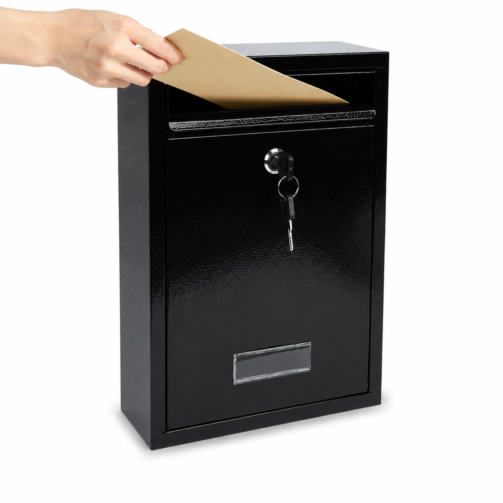 NAVOYS Black Wall Mounted Post Box, Lockable Outdoor Mail Box with 2 Keys, A4 Letter Slot, Address Window, Weather-Resistant Steel Letterbox for Home, Office, Porch & Front Door