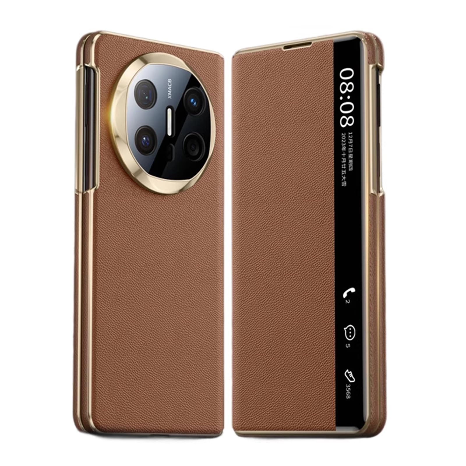 Etui do Huawei Mate X6, Smart Mirror View Flip Case Luksusowy otwierany pokrowiec z okienkiem Pokrycie Pełna ochrona, brązowy, Mate X6