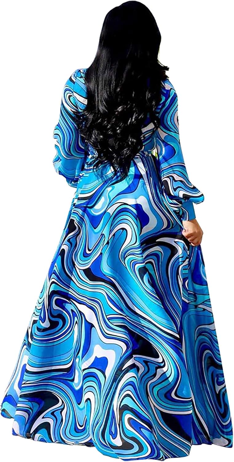 BOGURST Plus Size Maxi Dress for Women Chiffon Deep V-Neck Printed Loose Summer Beach Dresses