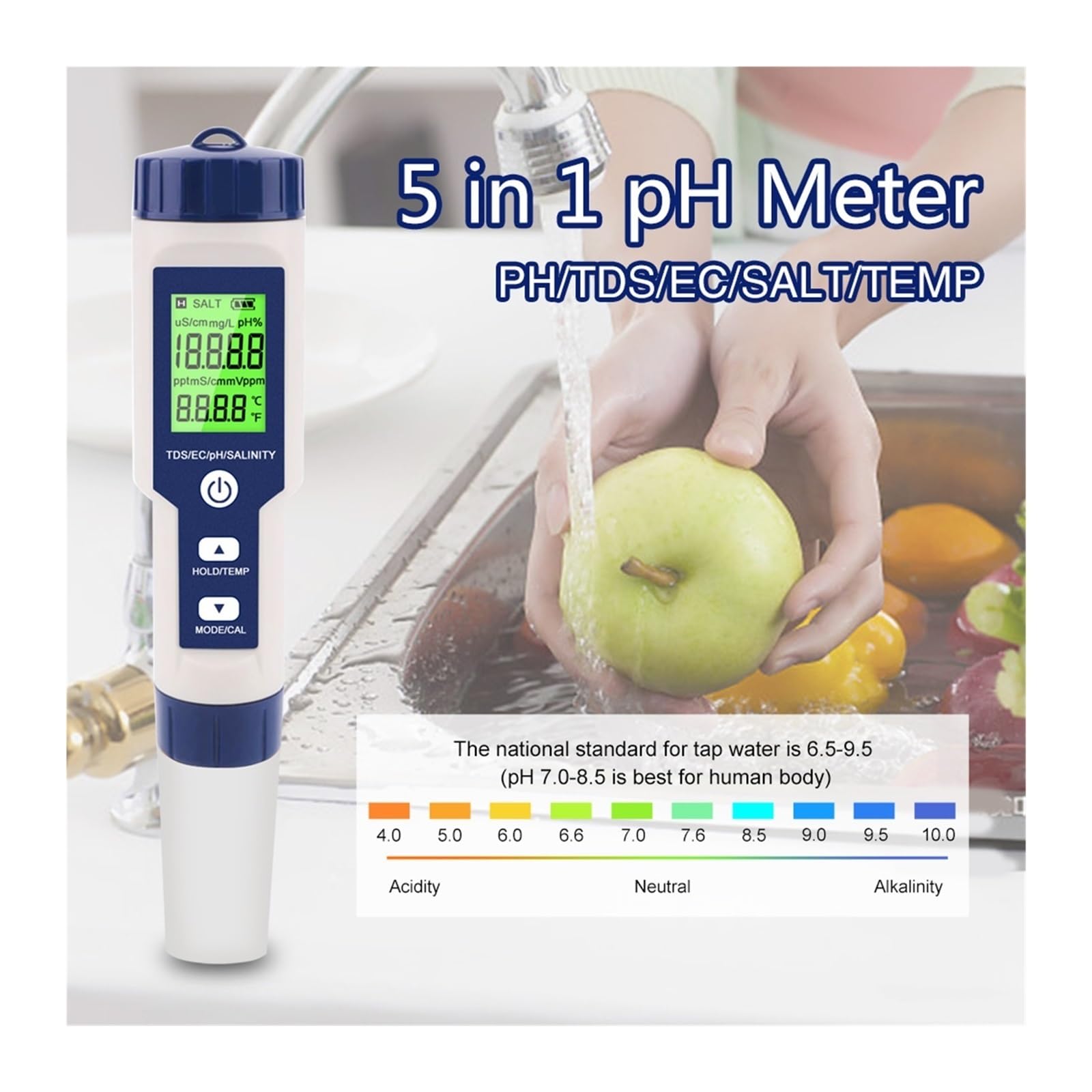 Kit per l'analisi dell'Acqua, Tester di qualità Acqua 5 in 1 LCD Digitale PH/TDS/EC/Sale/Temp Misuratore Ez 9909 Monitor for Piscine Acqua Potabile Acquari