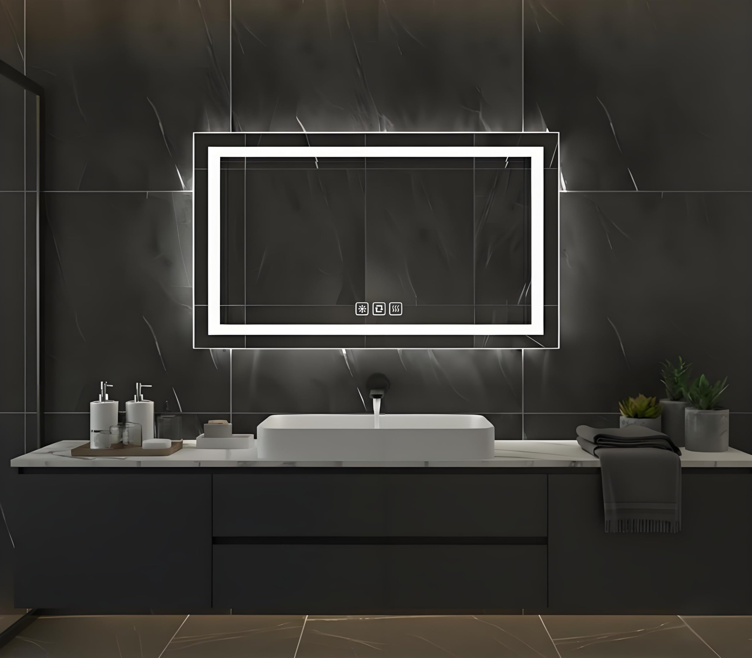 Specchio da bagno con illuminazione, rettangolare, 60 x 100 cm, specchio da parete a LED, 3 colori di luce, dimmerabile, con touch, anti-appannamento, CRI90+, vetro temperato