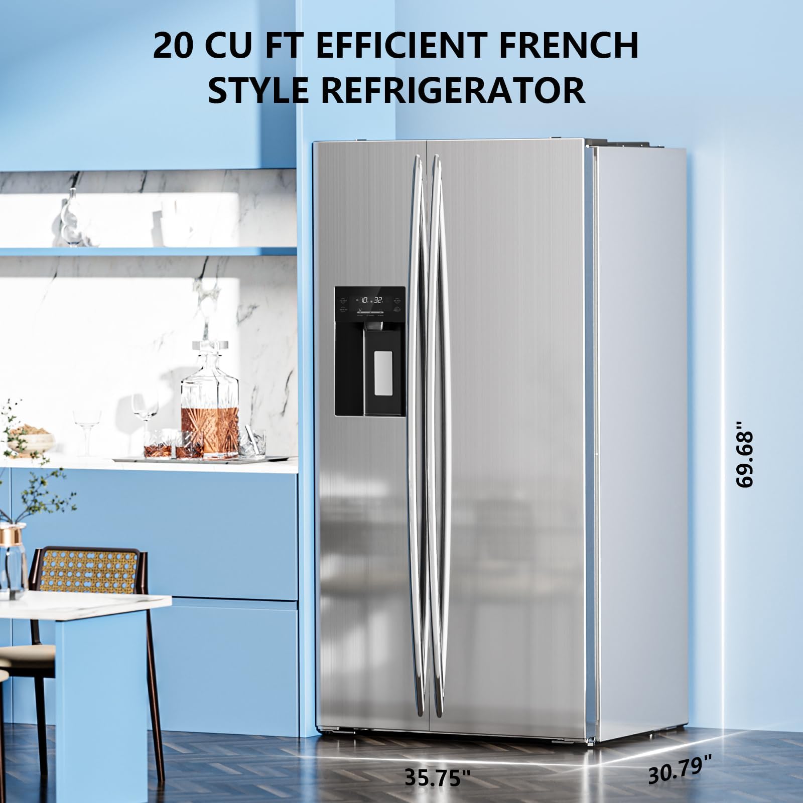 Antarctic Star 20 Cu.Ft French Door Refrigerator, Stainless Steel Fridge With Side Freezer & Water Dispenser, Nugget And Cube Ice Maker, Adjustable Thermostat on Fridge.com - View 6