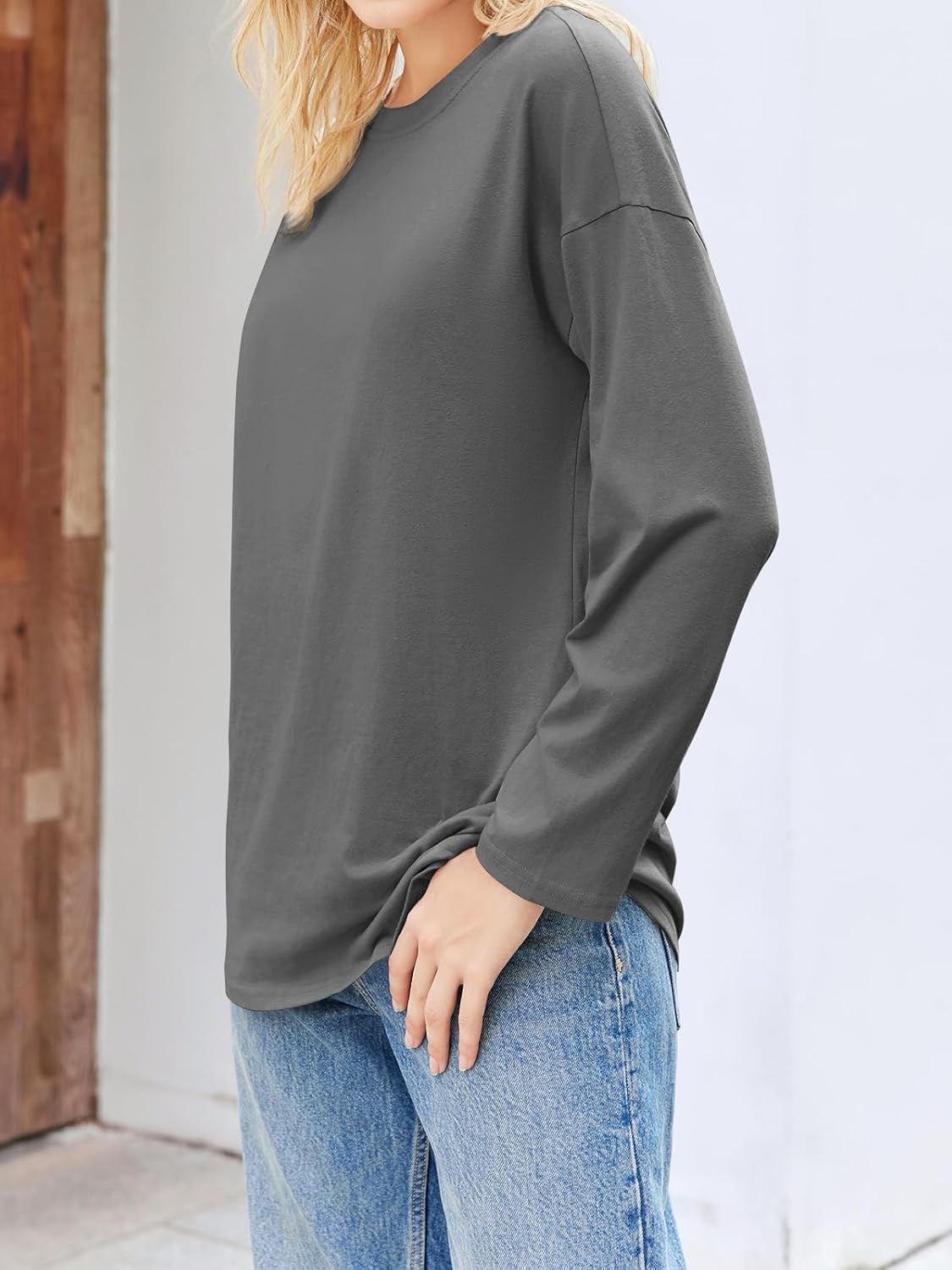 Fisoew Women's Long Sleeve Oversized T Shirts Loose Casual Crewneck Tunic Tops Soft Blouse - Image 3