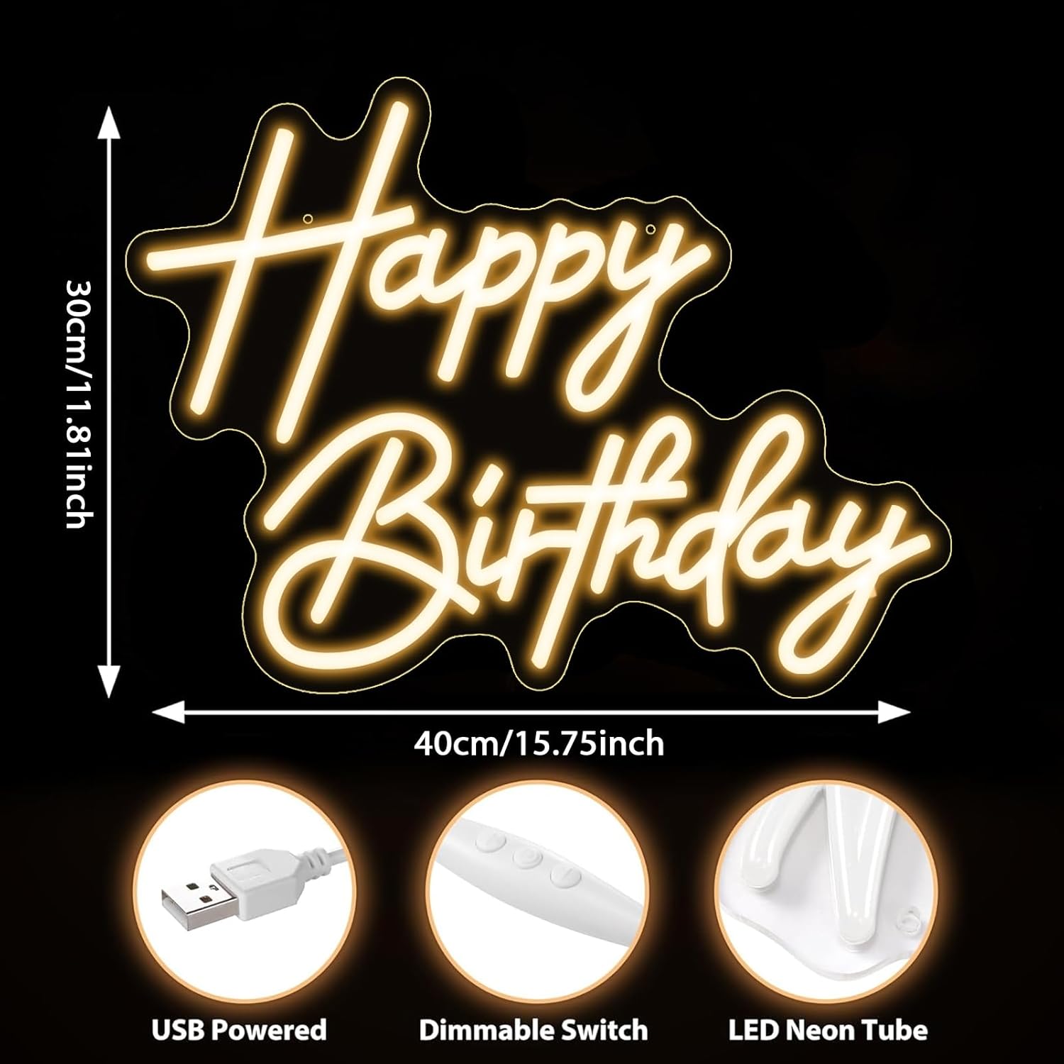 Happy Birthday Neon Sign 15.7" x 11.8", Neon Happy Birthday Sign for Backdrop with Dimmable Switch, Birthday Light Up Sign Party Decoration (Warm White)