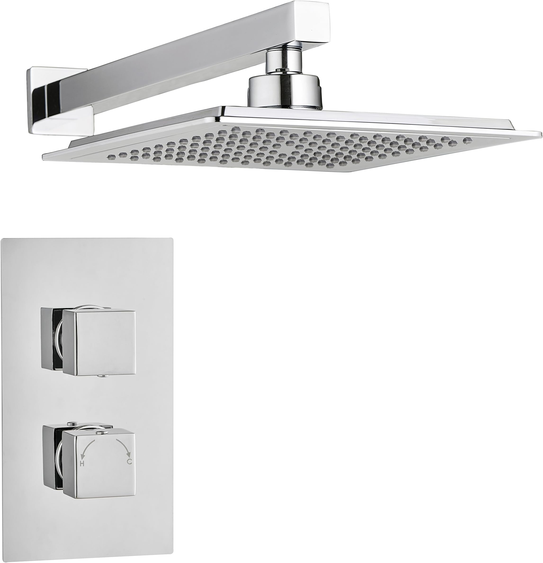 Square Concealed Thermostatic Shower Mixer Valve 2 Handle Slimline Single Outlet Overhead Kit WRAS & TMV2