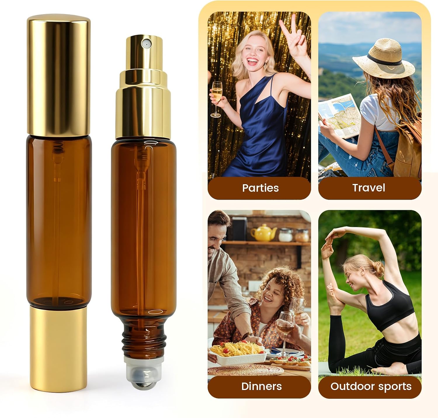 4PCS Double Ended Travel Perfume Bottle 10ml with Funnel Tool, Protable Refill Glass Atomizer with Spray & Roller Ball for Perfume Cologne, Essential Oils (2 Brown & 2 Clear)