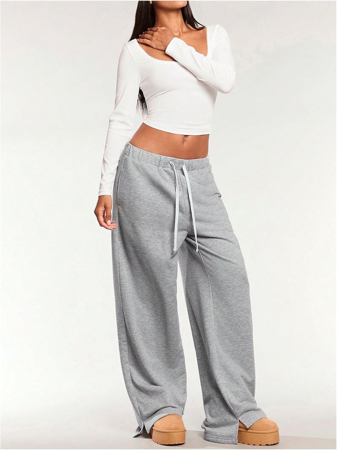 SHENHE Women's Low Rise Wide Leg Sweatpants Split Baggy Drawstring Pants with Pockets - Image 4