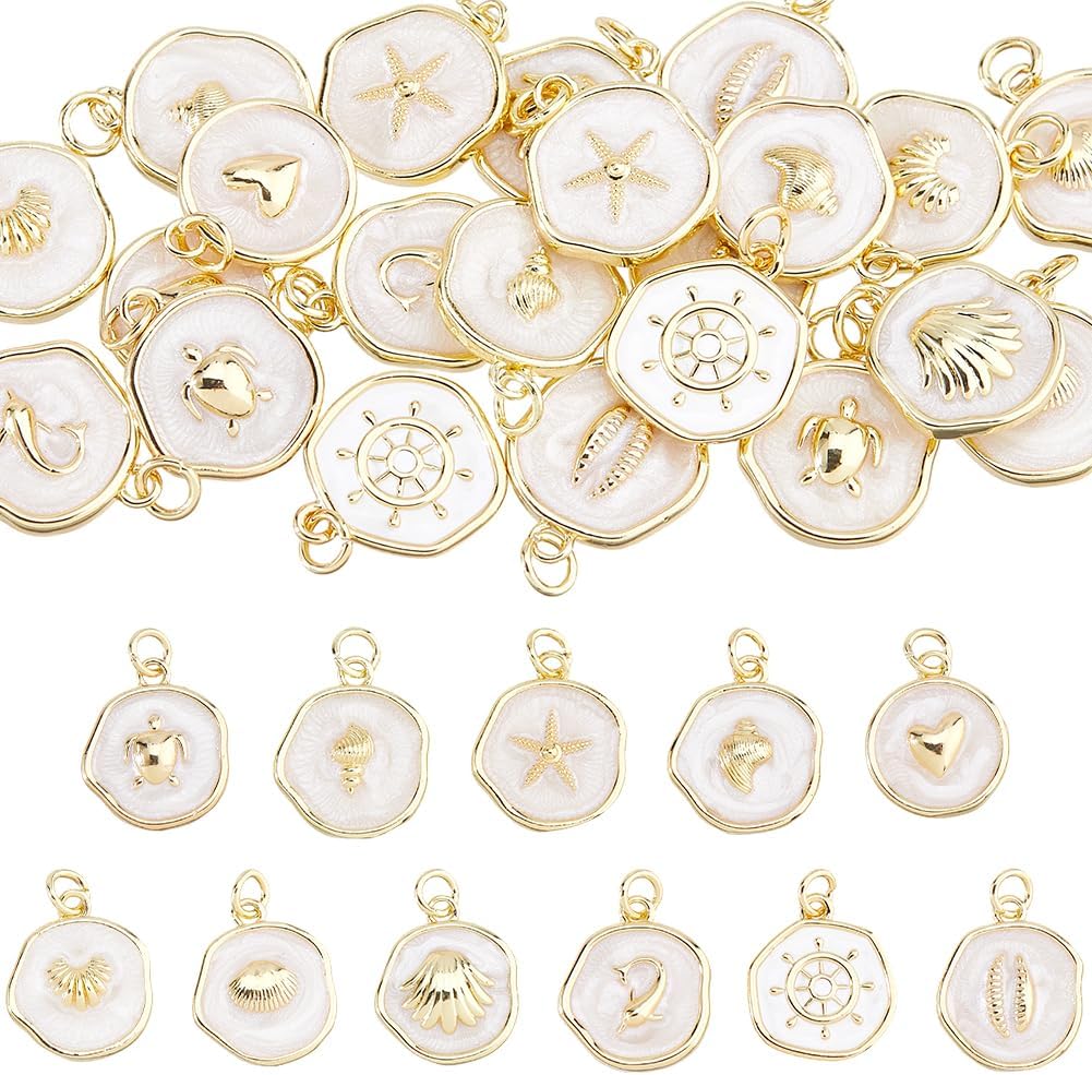 22Pcs Ocean Sea Enamel Charms 11 Styles Gold Plated Flat Round Ocean Pendants Ocean Summer Beach Craft Charms for Jewelry Necklace Bracelets Earrings Making DIY Crafts