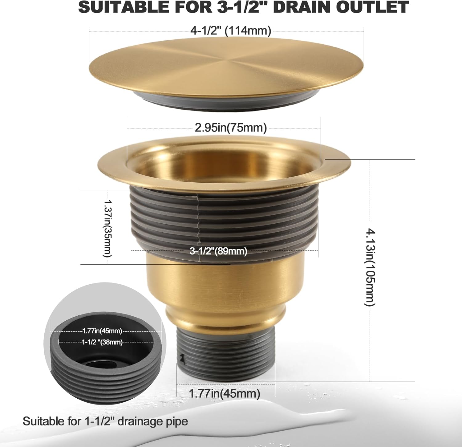 3 1/2" Kitchen Sink Drain Kit Replacement Sink Drain Assembly Removable 304 Stainless Steel Deepen Sink Strainer Basket with Sealing Cover for Kitchen Laundry Room RV(Gold)