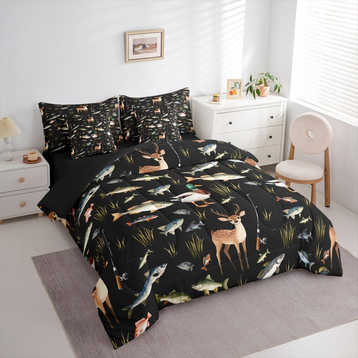 Feelyou Mallard Duck Fish Comforter Set with Sheets 7 Piece Twin Size Cute Deer Bedding Set for Kids Boys Girls Fishing and Hunting Bed in a Bag Rustic Farmhouse Animal Soft