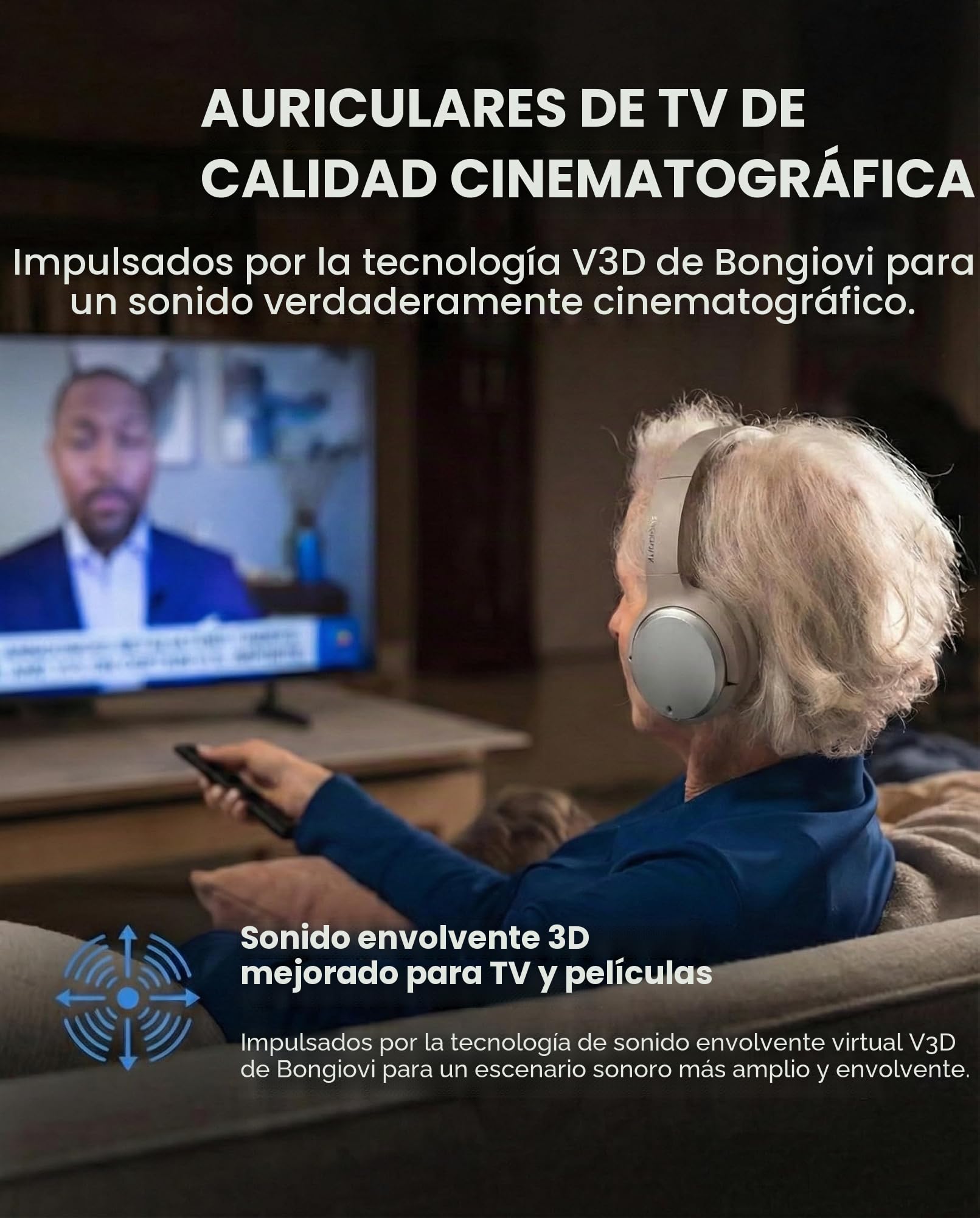 Avantree Crescendo 3D – Auriculares Inalambricos TV Televisión con Sonido Envolvente 3D, Modo Cine, Base Transmisora con Carga y HDMI ARC Passthrough para Barra de Sonido, 60 h, Batería Reemplazable