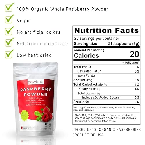 Miniatura 5 de Polvo de frambuesa de frambuesas orgánicas 100% cultivadas en Estados Unidos. Sin azúcar añadido, no liofilizado, sin concentrado de jugo, sin