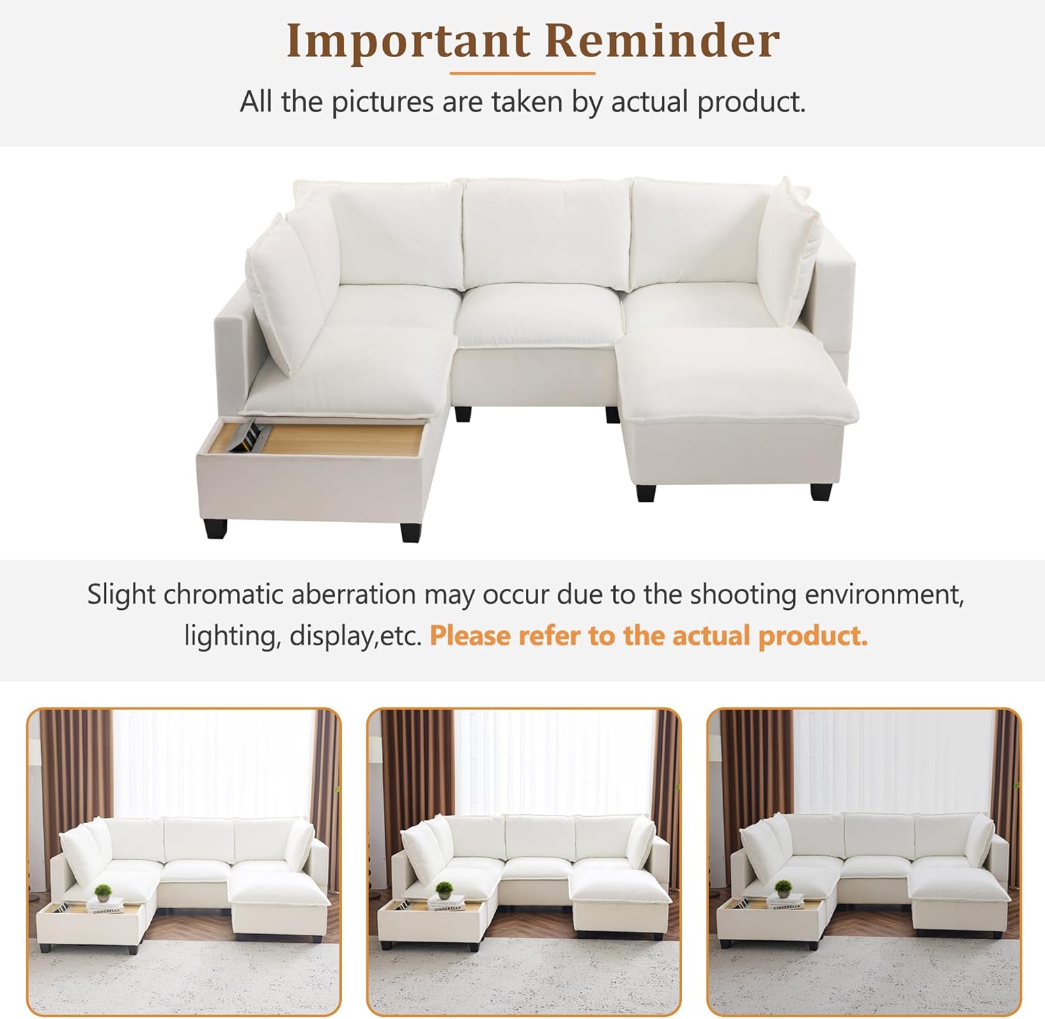 90" U-Shaped Modular Sofa with Movable Ottoman & Coffee Table, Sectional Couch with Hidden Charging Devices for Living Room, White