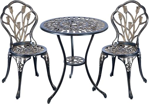 CG 3-Piece Bistro Set - Outdoor Patio Table Set, Anti-Rust Cast Aluminum, Tulip, Antique Copper