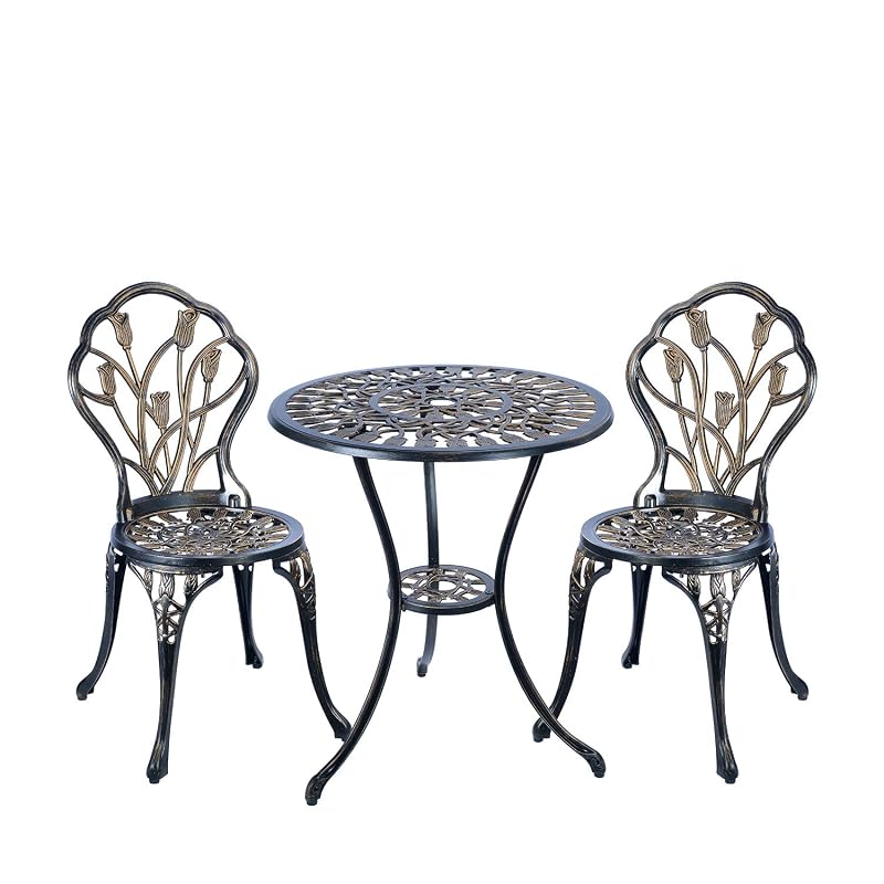 C/G 3 Piece Bistro Set, Outdoor Patio Set, Anti-Rust Cast Aluminum Bistro Table Set for Park Yard Front Porch Furniture (Antique Copper)