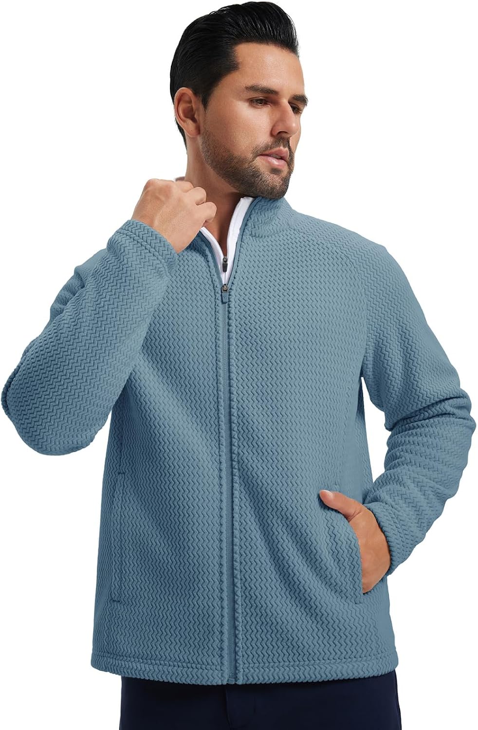 M MAELREG Winter Fleece Jackets for Men Lightweight Stand Collar Fashion Wave Texture Warm Full Zip Mens Coat with Pockets