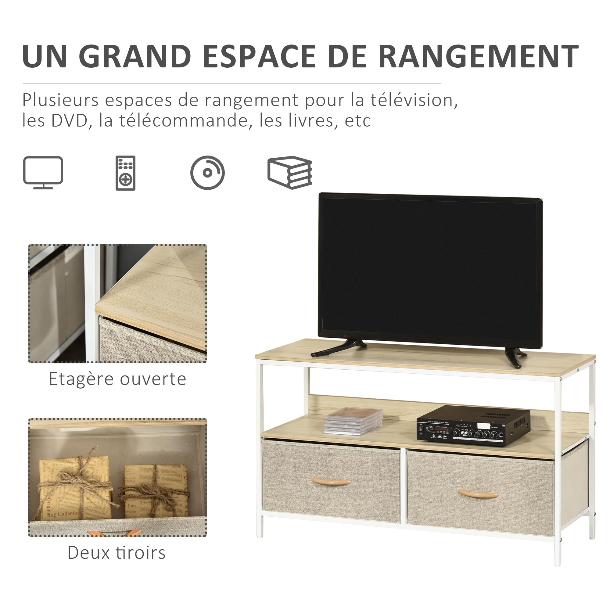 HOMCOM Meuble TV Bas sur Pieds Support TV pour télévison jusqu'à 47 Pouces Style Industriel 2 tiroirs en Tissu Gris Bois Naturel et métal Blanc