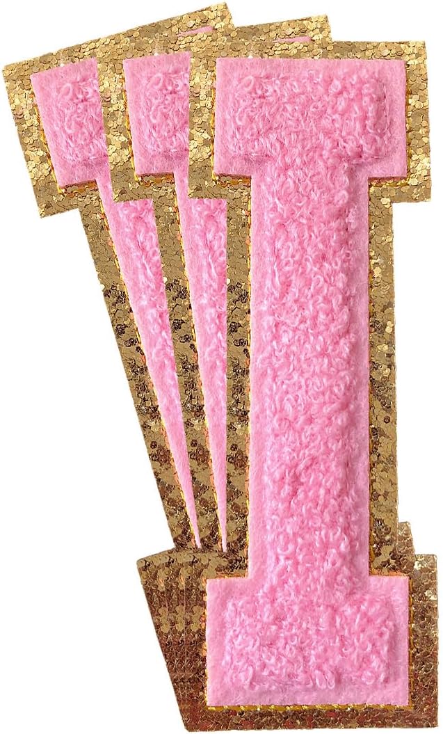 3Pcs Chenille Letter Patches Pink Glitter Iron on Patches