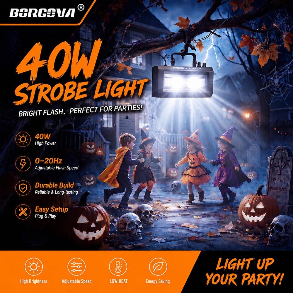 40W LED Strobe Light, Portable White LED Stage Flashing Light | Sound Activated & Auto Mode, Adjustable Speed & Sensitivity, Equipped with Hook, Perfect for Halloween Party Stage Club